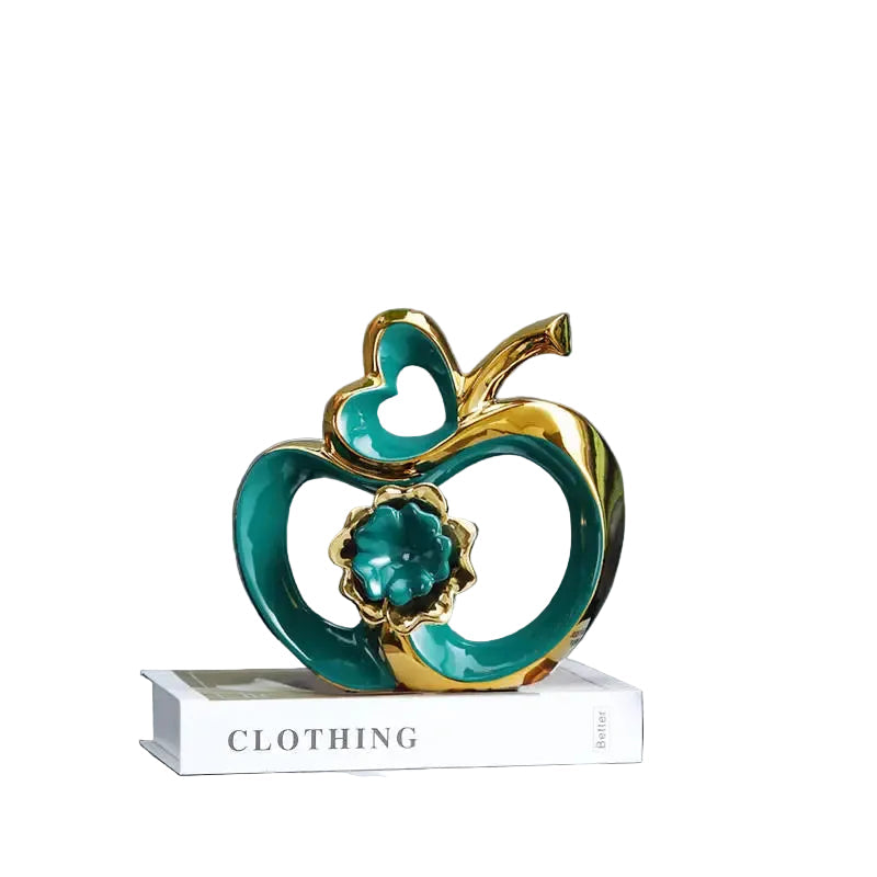 "Golden Heart" sculpted ceramic apple, green, metallic home décor ornament, CL House