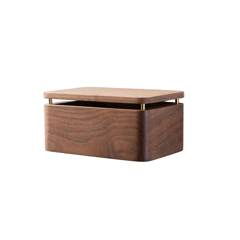: Wall-mounted walnut wood tissue holder large size, rectangular form with brass hinges and flat lid, white background — japandi bathroom storage