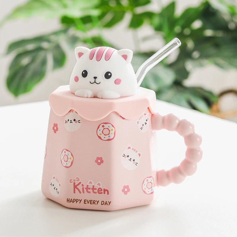 Cartoon Ceramic Mug Lid And Spoon Novelty Mug Kids Mug Cute Coffee Mug Gift Anime Kawaii