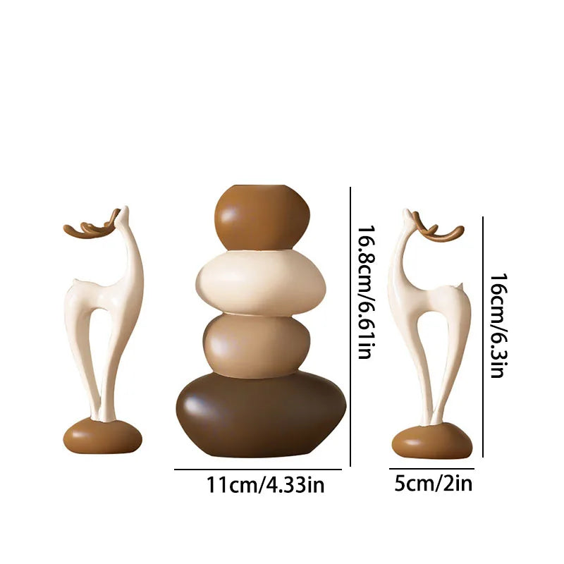 "Stone Stack" Vase & Deer Sculpture Set — complete set, ivory sand and walnut tones