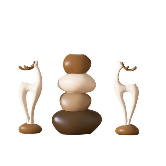 "Stone Stack" Vase & Deer Sculpture Set — complete set, ivory sand and walnut tones