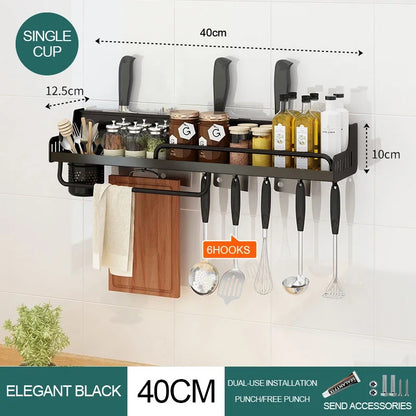  Matte black wall-mounted kitchen organiser shelf 40cm Single Cup configuration with 6 hooks, knife slots, spice shelf, towel bar and single organiser cup — dimensions 40 × 12.5 × 10 cm, dual-use drill or adhesive installation