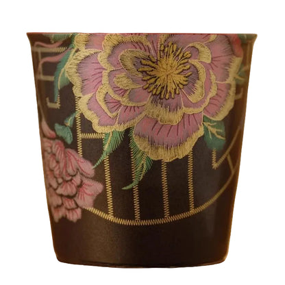 "Kesi Artisan" handmade ceramic straight cup with black floral textured glaze — CL House Tea Time