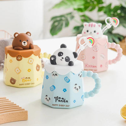 Cartoon Ceramic Mug Lid And Spoon Novelty Mug Kids Mug Cute Coffee Mug Gift Anime Kawaii