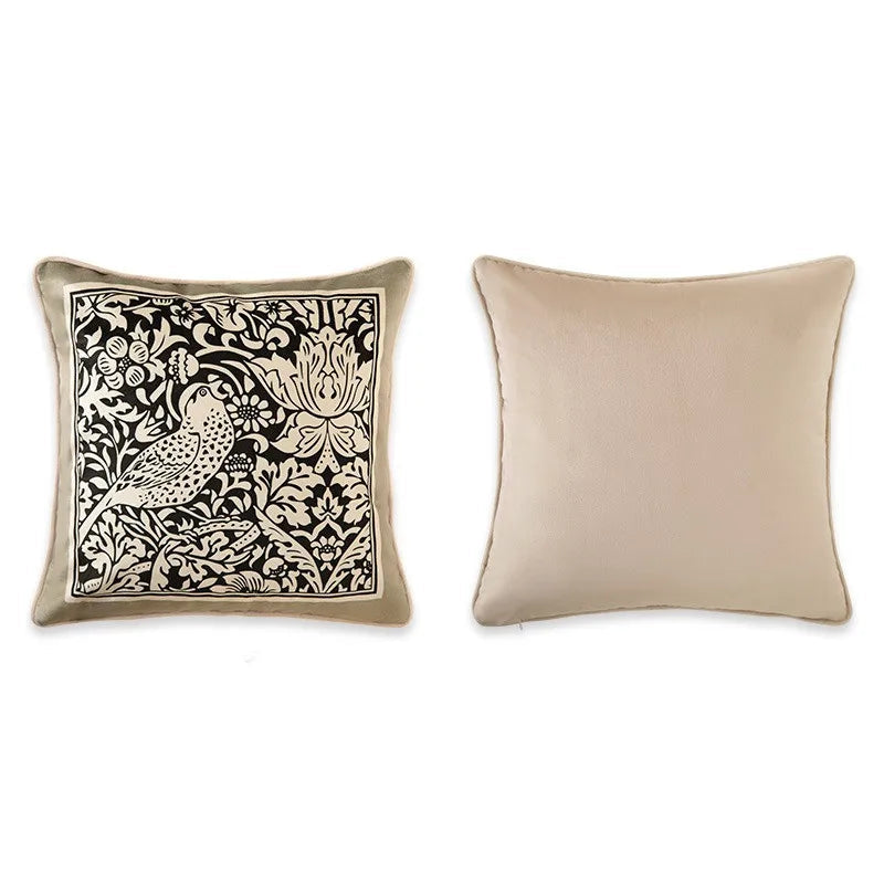 "Morris Garden" jacquard velvet cushion cover — black background with dense white botanical print, bird among flowers and ferns, solid beige reverse, 45×45cm — CL House