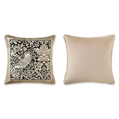 "Morris Garden" jacquard velvet cushion cover — black background with dense white botanical print, bird among flowers and ferns, solid beige reverse, 45×45cm — CL House