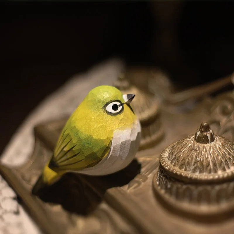 "Garden Perch" hand-carved wooden bird figurine, painted Japanese white-eye, CL House