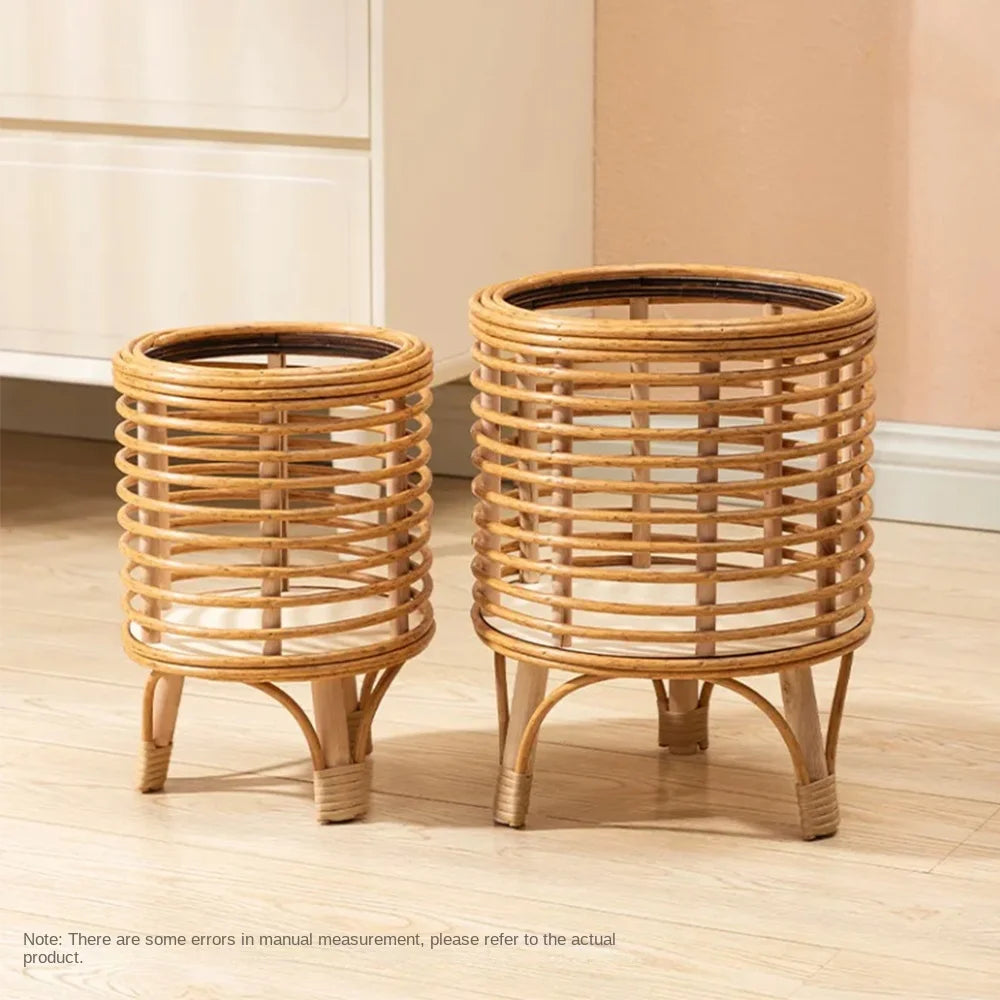 "Rattan Weave" Natural Rattan Plant Stand with Glass Top