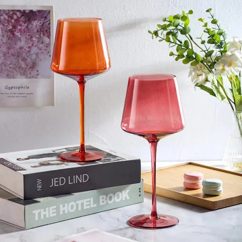 Two "Colour Bowl" crystal wine glasses in Rosewood, wide bowl silhouette with coloured stem — CL House Drinkware collection