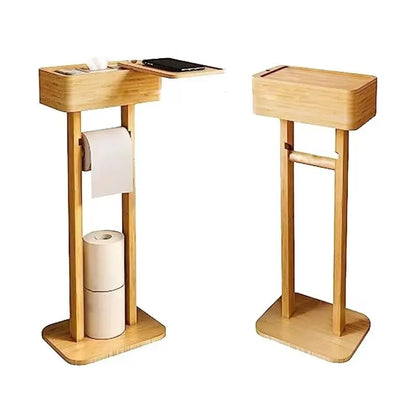 Two views of a freestanding bamboo toilet paper holder with storage box on top — front view with rolls loaded and side view showing the empty holder, white background