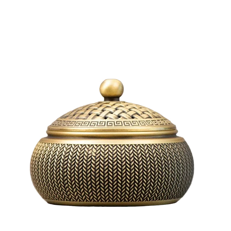  Woven brass incense burner — Chinese lattice pattern and polished gold knob — CL House