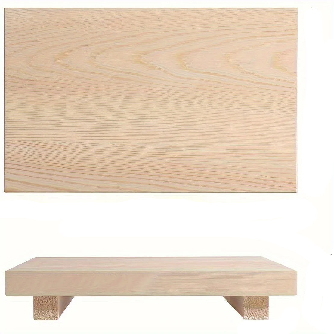  Natural pine wood elevated bathroom tray with four short legs, top view and side view on white background — minimalist japandi organiser