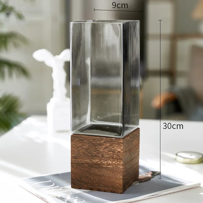 "Timber & Glass" Square Stem Vase — Tall 9 × 30cm — large square glass vase with dark wooden base, japandi style