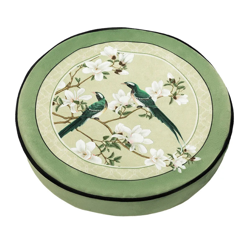 "Garden Scroll" zafu meditation cushion in sage green velvet — chinoiserie print with two birds and white magnolia blossoms, Ø40cm — CL House
