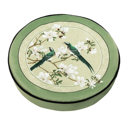 "Garden Scroll" zafu meditation cushion in sage green velvet — chinoiserie print with two birds and white magnolia blossoms, Ø40cm — CL House