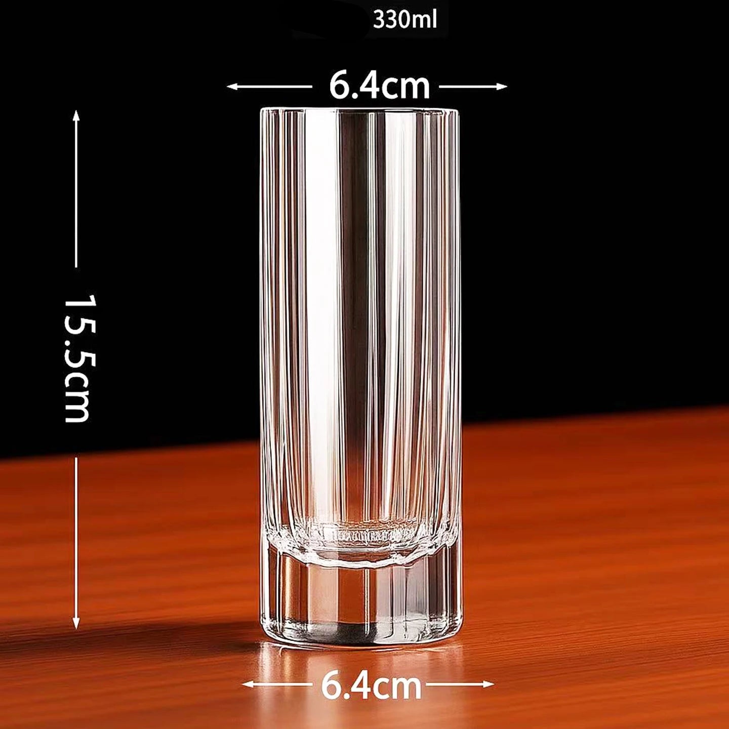  "Fluted Column" crystal highball glass on white background showing dimensions 6.4 × 15.5cm, 6.4cm diameter — CL House Drinkware collection