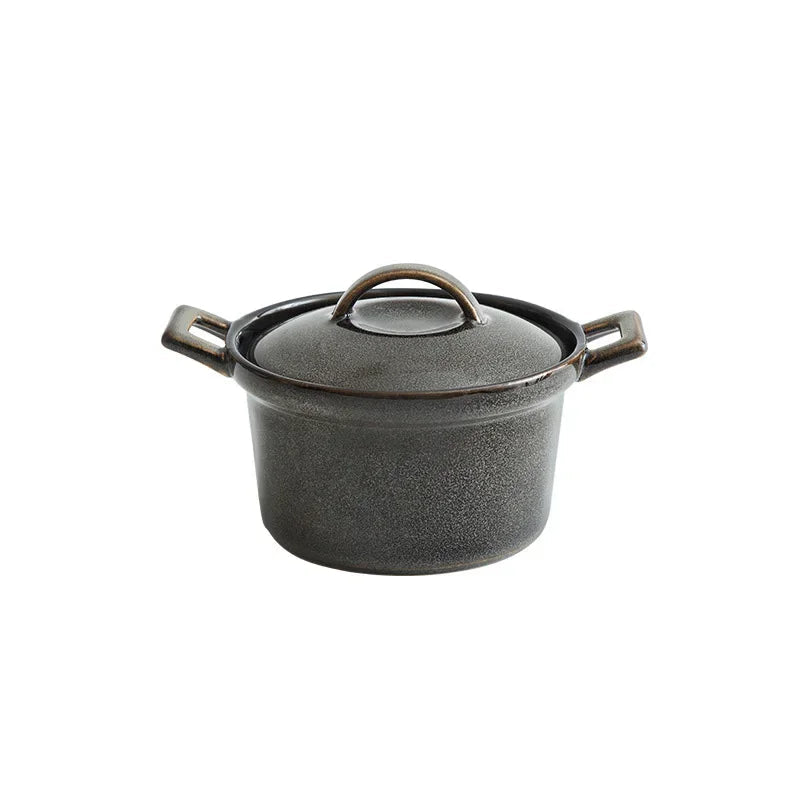  Reactive glaze ceramic casserole with lid, Slate Grey finish — deep charcoal speckled glaze, twin handles, round knob lid, white background — Stone Vessel by CL House