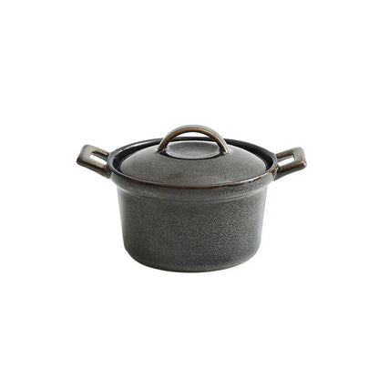  Reactive glaze ceramic casserole with lid, Slate Grey finish — deep charcoal speckled glaze, twin handles, round knob lid, white background — Stone Vessel by CL House