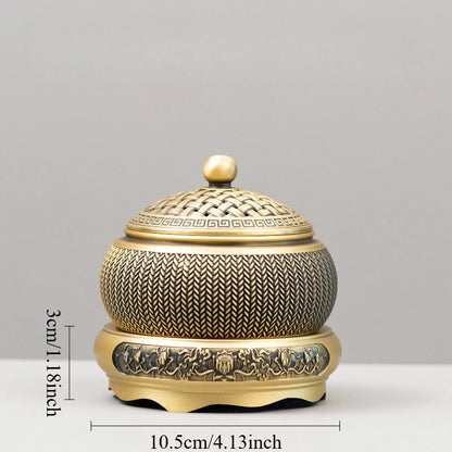 "Woven Brass" Incense Burner with stand — Chinese lattice copper censer, gold knob | CL House