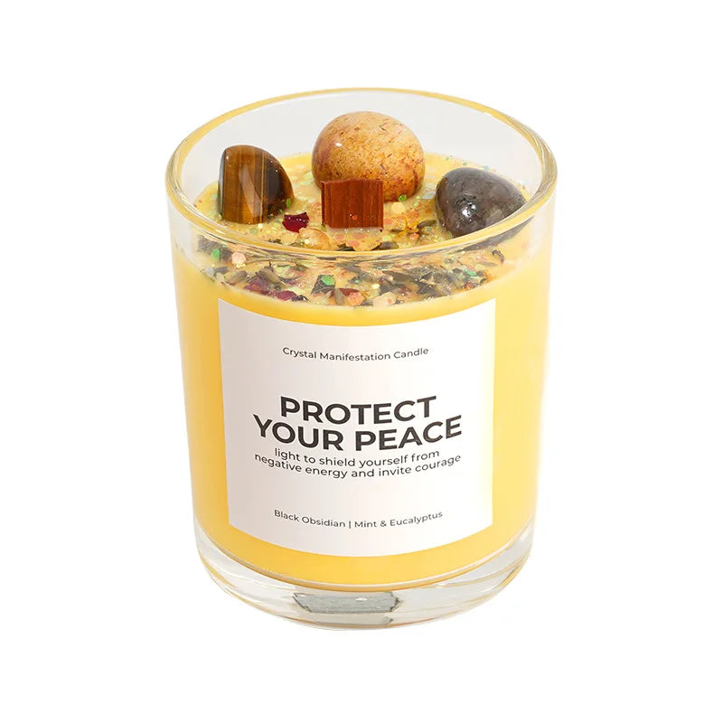  (Misty Forest): "Protect Your Peace" crystal manifestation candle — Misty Forest — soft yellow soy wax in glass jar with healing crystal — CL House