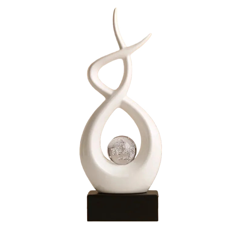 "Flame" abstract ceramic sculpture, Flame open spiral form with wood base, CL House