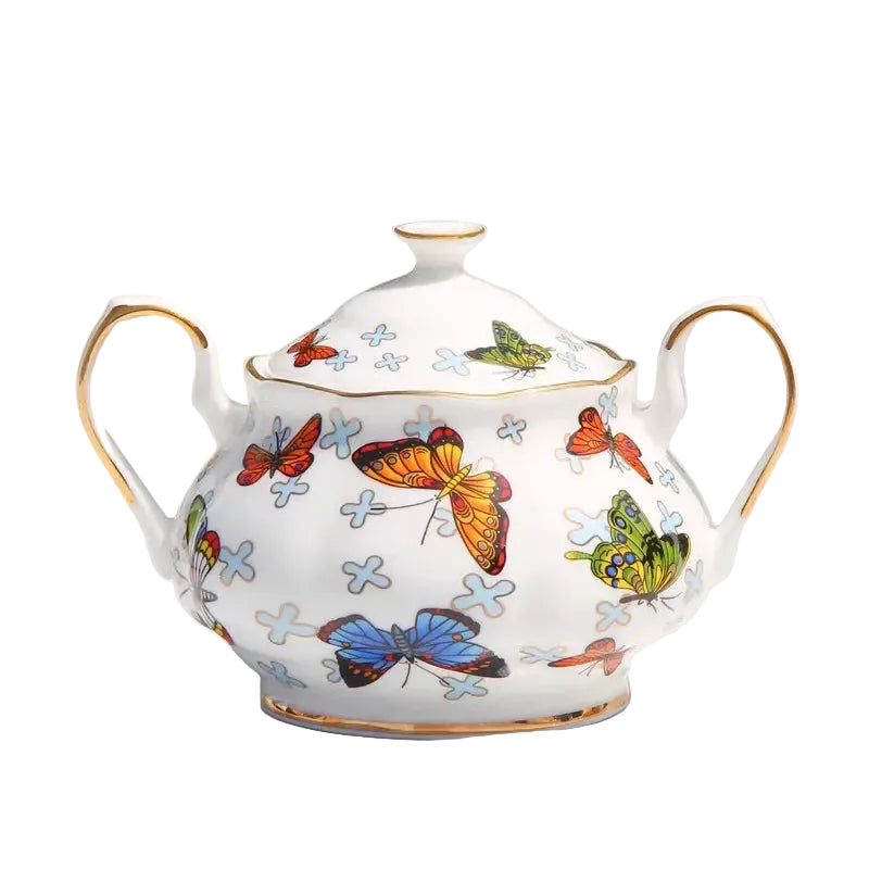 (Sugar Bowl 300ml):

"White bone china sugar bowl with butterfly print and gold rim, 300ml — CL House Tea Time"