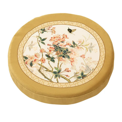 🟡 Golden Blossom

"Garden Scroll" zafu meditation cushion in golden velvet — botanical print with pink cherry blossoms and butterfly, Ø40cm — CL House