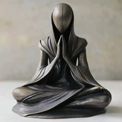 "Inner Veil" Meditation Figure Sculpture — front view, dark bronze resin, hands in prayer