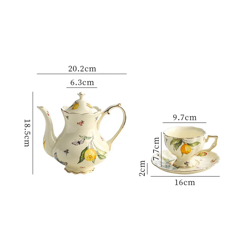 "Cream porcelain teapot with lemon botanical print, butterflies and gold trim, Victorian silhouette — CL House Tea Time"