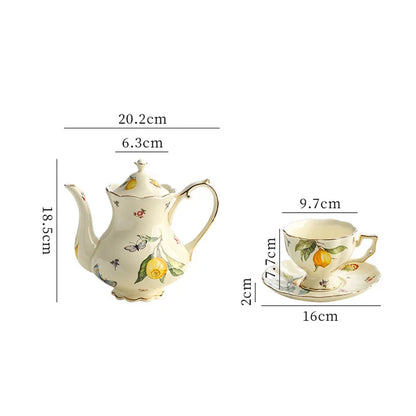 "Cream porcelain teapot with lemon botanical print, butterflies and gold trim, Victorian silhouette — CL House Tea Time"