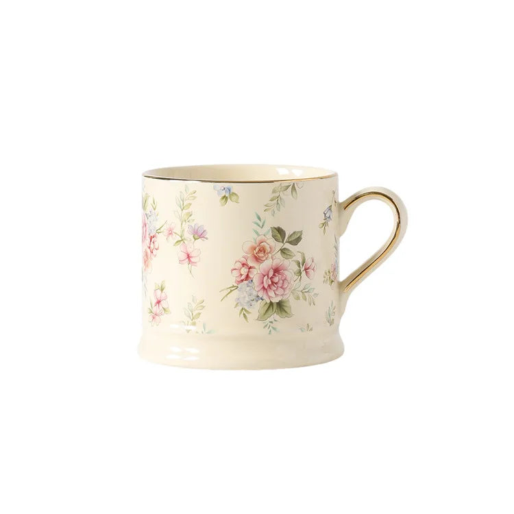 "English Garden" floral ceramic mug with pink roses, blush blooms and gold rim detail, white background — CL House & Home