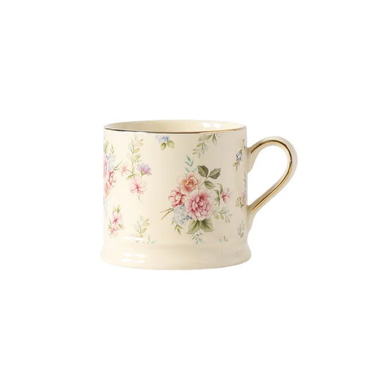 "English Garden" floral ceramic mug with pink roses, blush blooms and gold rim detail, white background — CL House & Home