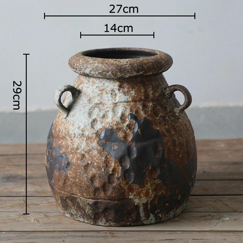 "Chalk Small wabi-sabi ceramic jar with hammered texture and loop handles, 27×29cm"
