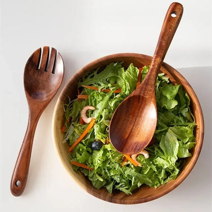 "Wild Harvest" acacia wood salad servers set with fresh green salad in a wooden bowl, natural kitchen styling
