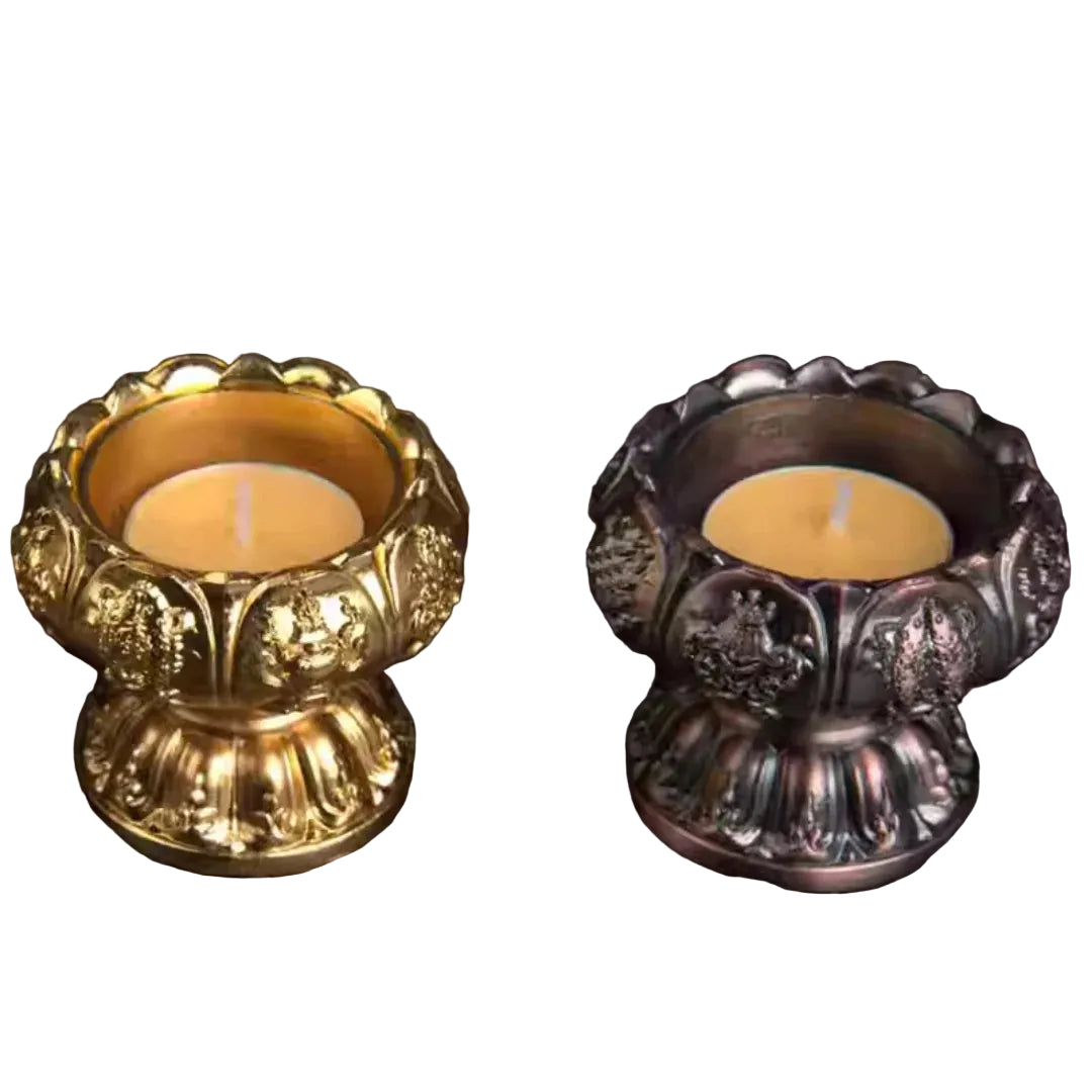 Eternal Glow Eight Auspicious Lotus Lamp – front view, dark copper lotus offering bowl with eight auspicious Buddhist symbols and dharma wheel engraving | CL House