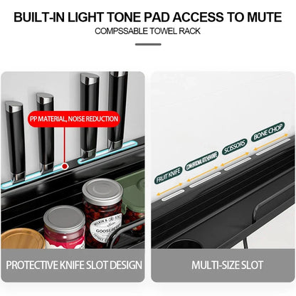 Detail of matte black kitchen shelf knife slot system — left panel shows PP noise-reduction pad with knives inserted, right panel shows multi-size slots labelled for fruit knife, conventional kitchen knife, scissors and bone chopper — protective knife slot design