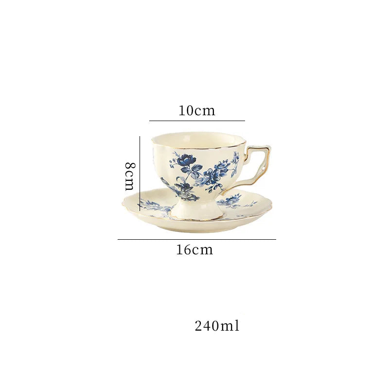 Cream porcelain teacup and saucer with lemon botanical print pattern E and gold trim, 240ml — CL House Tea Time"