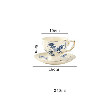 Cream porcelain teacup and saucer with lemon botanical print pattern E and gold trim, 240ml — CL House Tea Time"