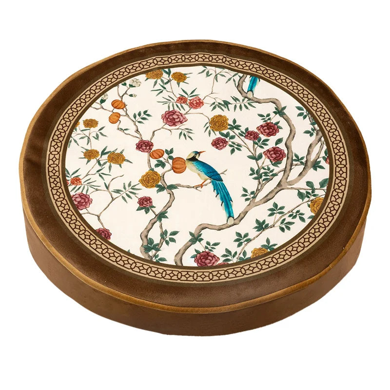 "Garden Scroll" zafu meditation cushion in warm brown velvet — chinoiserie print with blue bird, peonies and persimmons on ivory, Ø40cm — CL House
