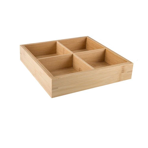 Natural bamboo sectioned tray with four equal compartments, white background — 4 Sections variant of the Bamboo Grid Serving & Organiser Tray by CL House