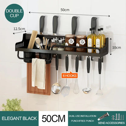 Matte black wall-mounted kitchen organiser shelf 50cm Single Cup configuration with 8 hooks, knife slots, spice shelf, towel bar and single organiser cup — dimensions 50 × 12.5 × 10 cm, dual-use drill or adhesive installation