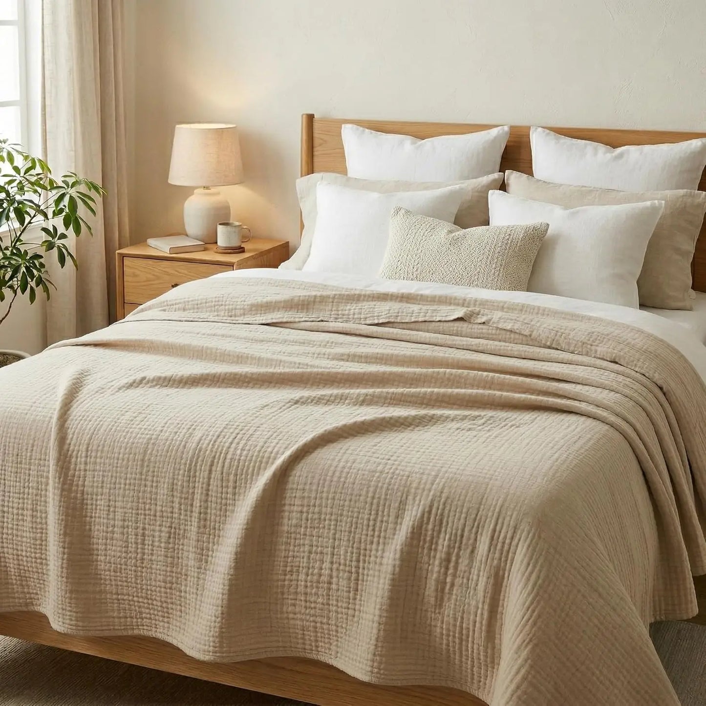 Warm Sand 100% cotton 6-layer muslin throw blanket spread over a bed in a warm minimalist bedroom with oak furniture