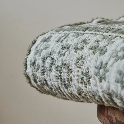 Close-up of rolled Sage Bloom 100% cotton jacquard woven throw blanket showing intricate floral weave texture and overlock edge detail