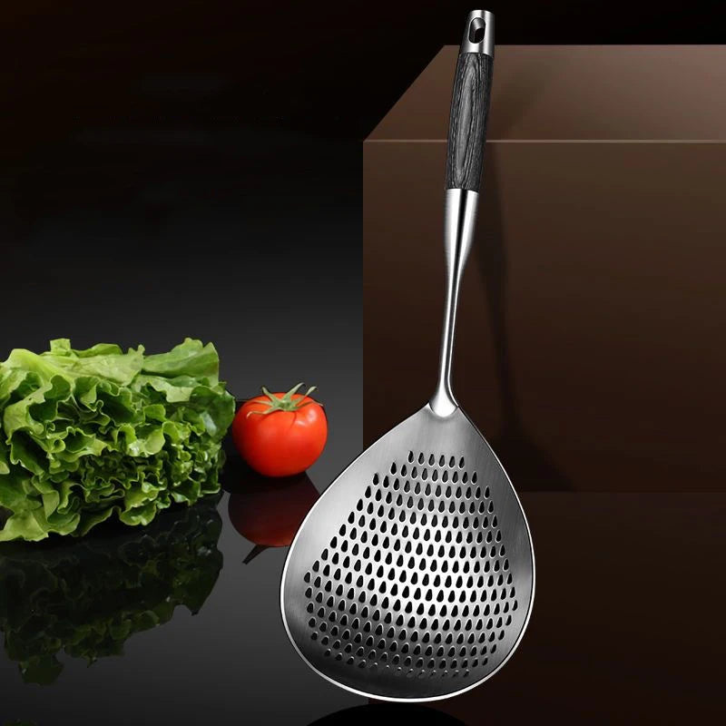  Stainless steel wok skimmer with dark wood handle, wide perforated bowl for straining pasta, dumplings and fried foods