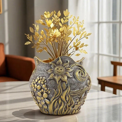 Van Gogh sunflower vase

Resin art flowerpot

Impressionist home decor 

Artistic gift for her

Modern living room accessories

Sunflower bookshelf decor

Decorative resin vase

Art history home gifts

High-end floral container