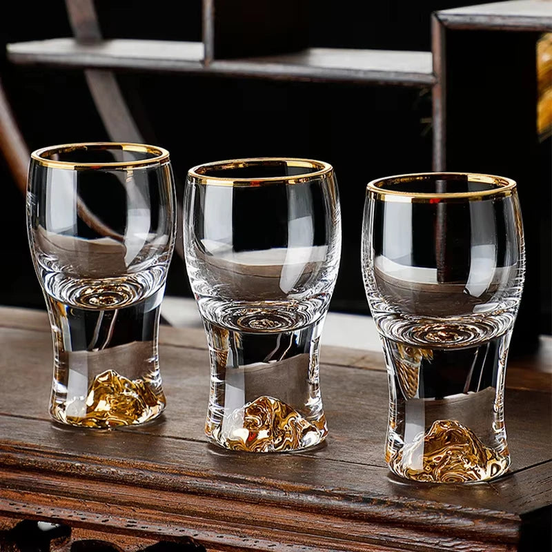  Three "Gold Sculpture" crystal shot glasses in Fortune variant together — CL House Drinkware collection