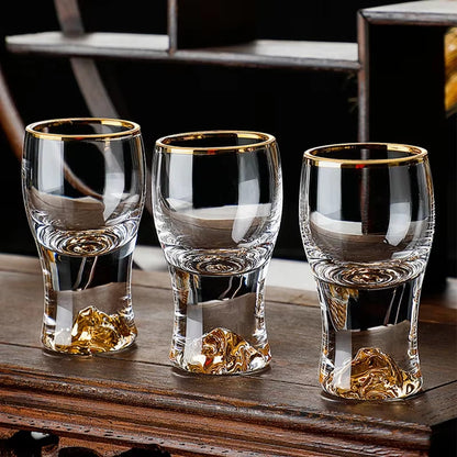  Three "Gold Sculpture" crystal shot glasses in Fortune variant together — CL House Drinkware collection