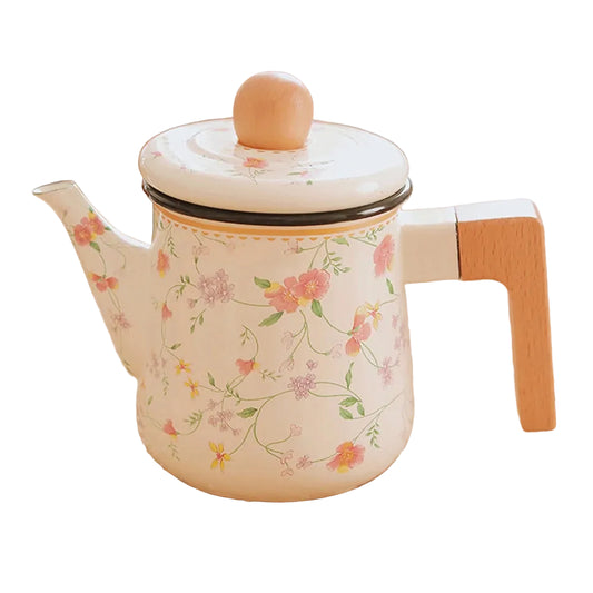  Floral enamel teapot with wooden handle and round wooden lid knob, cream background — Blossom Kettle by CL House