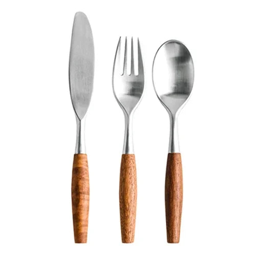  Three-piece cutlery set — knife, fork and spoon — in 304 stainless steel with natural wood handles, white background