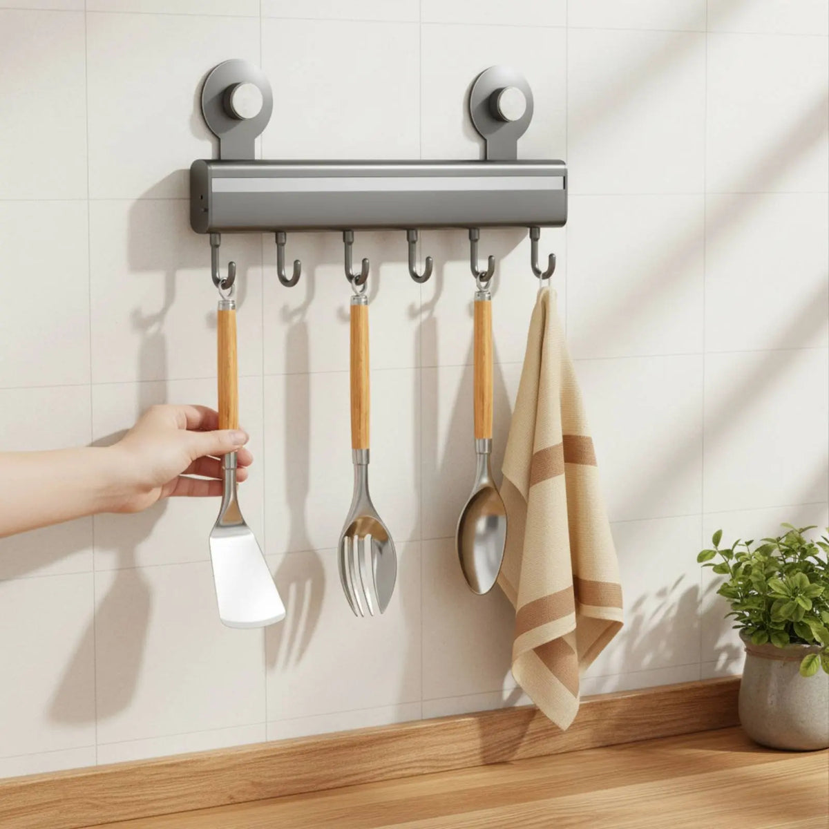 Hand removing a spatula from a gray adhesive wall-mounted kitchen hook rail holding bamboo handle utensils and a linen kitchen towel on white tiles, CL House & Home